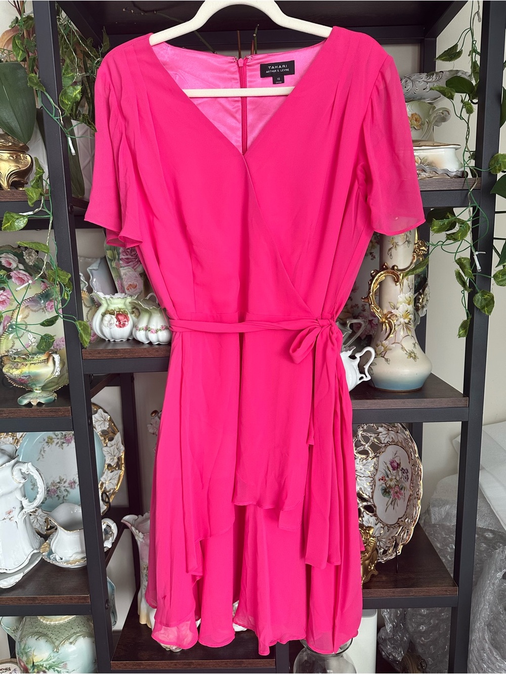 NWT Tahari Arthur S. Levine Fuchsia Pink Faux Wrap Chiffon Dress Size 10